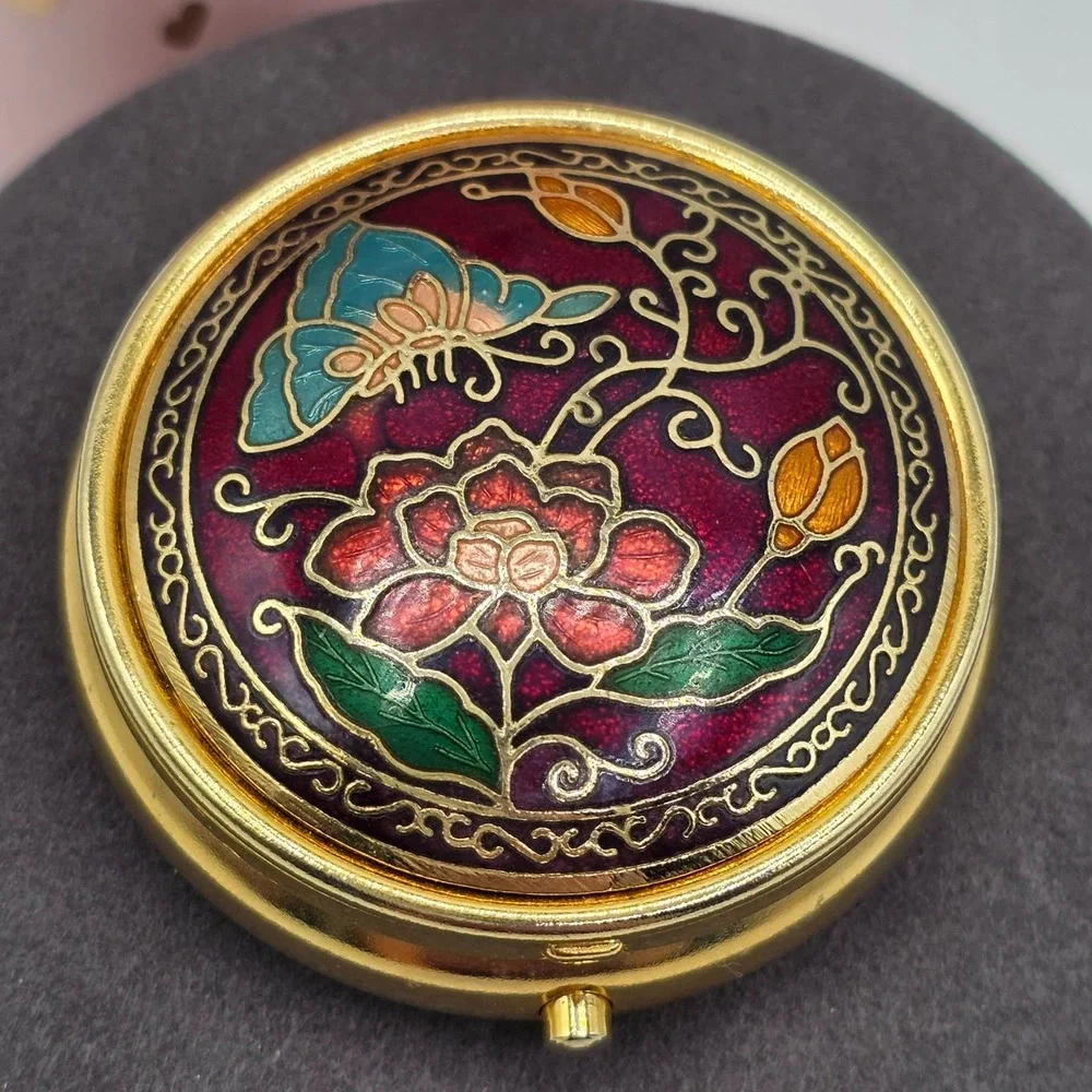 Vintage Cloisonne Pill Box Round Floral Butterfly Organizer Small Jewelry Holder